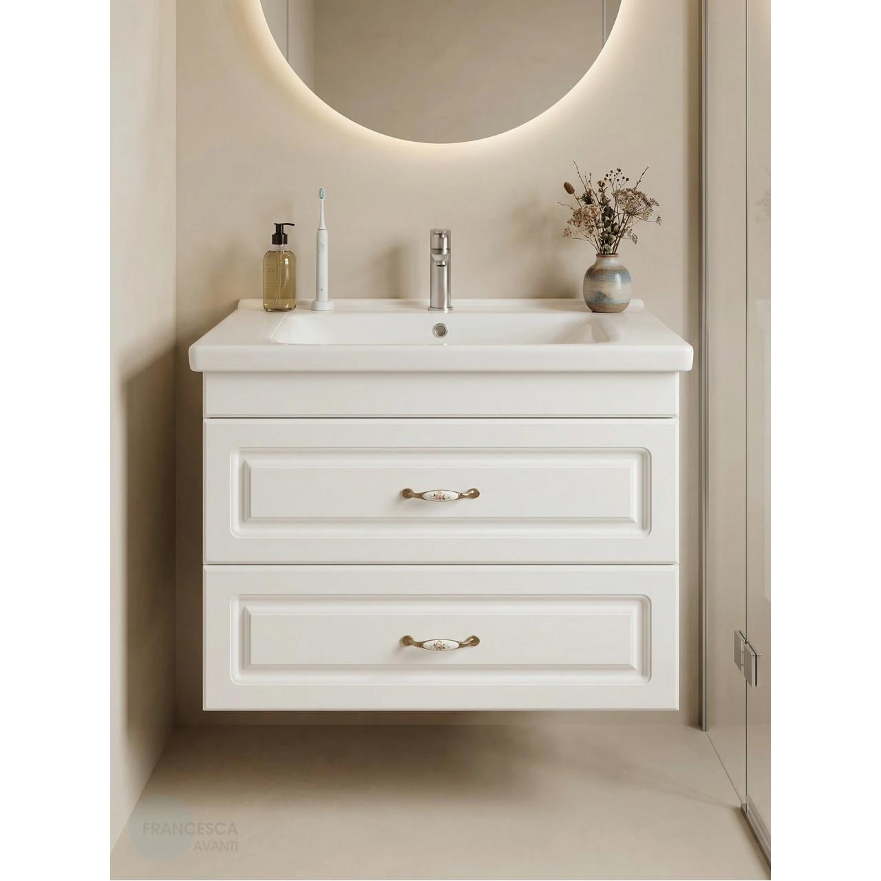 Тумба с раковиной Francesca Империя 80 подвесная, белая (ум. Миранда 80)  купить в Москве по цене от 25980р. в интернет-магазине mebel-v-vannu.ru