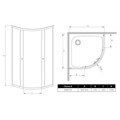 Душевой уголок Radaway Classic A 90x170 прозрачное стекло 30001-01-01 купить в Москве по цене от 50388р. в интернет-магазине mebel-v-vannu.ru